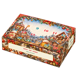 Craft beer advent calendar box with 24 numbered doors and festive winter artwork, shown at a three-quarter angle.
