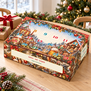 Craft beer advent calendar box on a light wooden table with wrapped gifts, evergreen garland, and a Christmas tree.