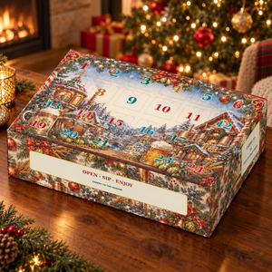 Craft beer advent calendar box on a wooden table beside a lit Christmas tree and fireplace.